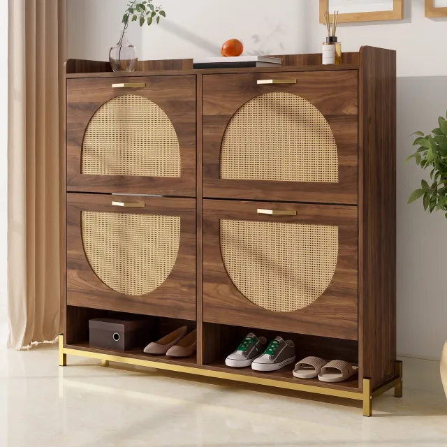 MIVRAY Schoenenkast - Vier Kleppen met Rotanlook en Twee Open Vakken - Voor Hal en Kleedkamer - MDF in Walnootkleur - 108,5 x 24 x 100 Cm