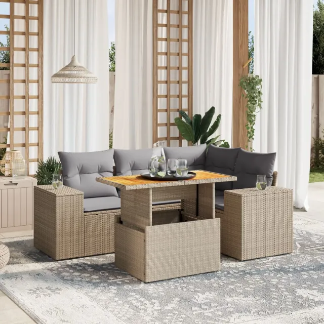 vidaXL 5-delige Loungeset met kussens poly rattan beige, foto 2