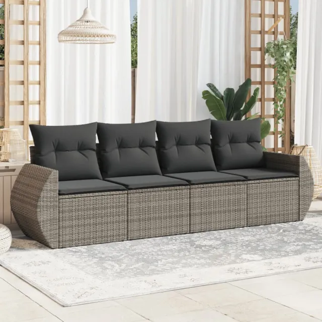 vidaXL 4-delige Loungeset met kussens poly rattan grijs, foto 2