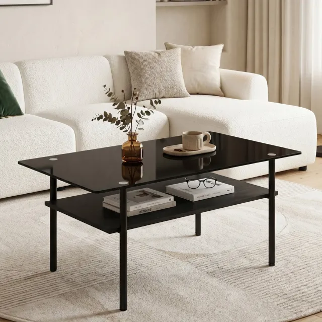 REDOM Salontafel - 2 niveaus opbergruimte - Rechthoekig ontwerp - MDF onderblad - Moderne stijl - Woonkamer - Glas en metaal - Zwart - 97,7 x 57,7 x 45 cm