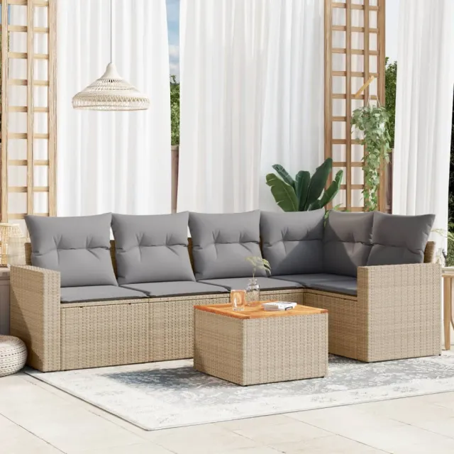 vidaXL 6-delige Loungeset met kussens poly rattan gemengd beige, foto 2