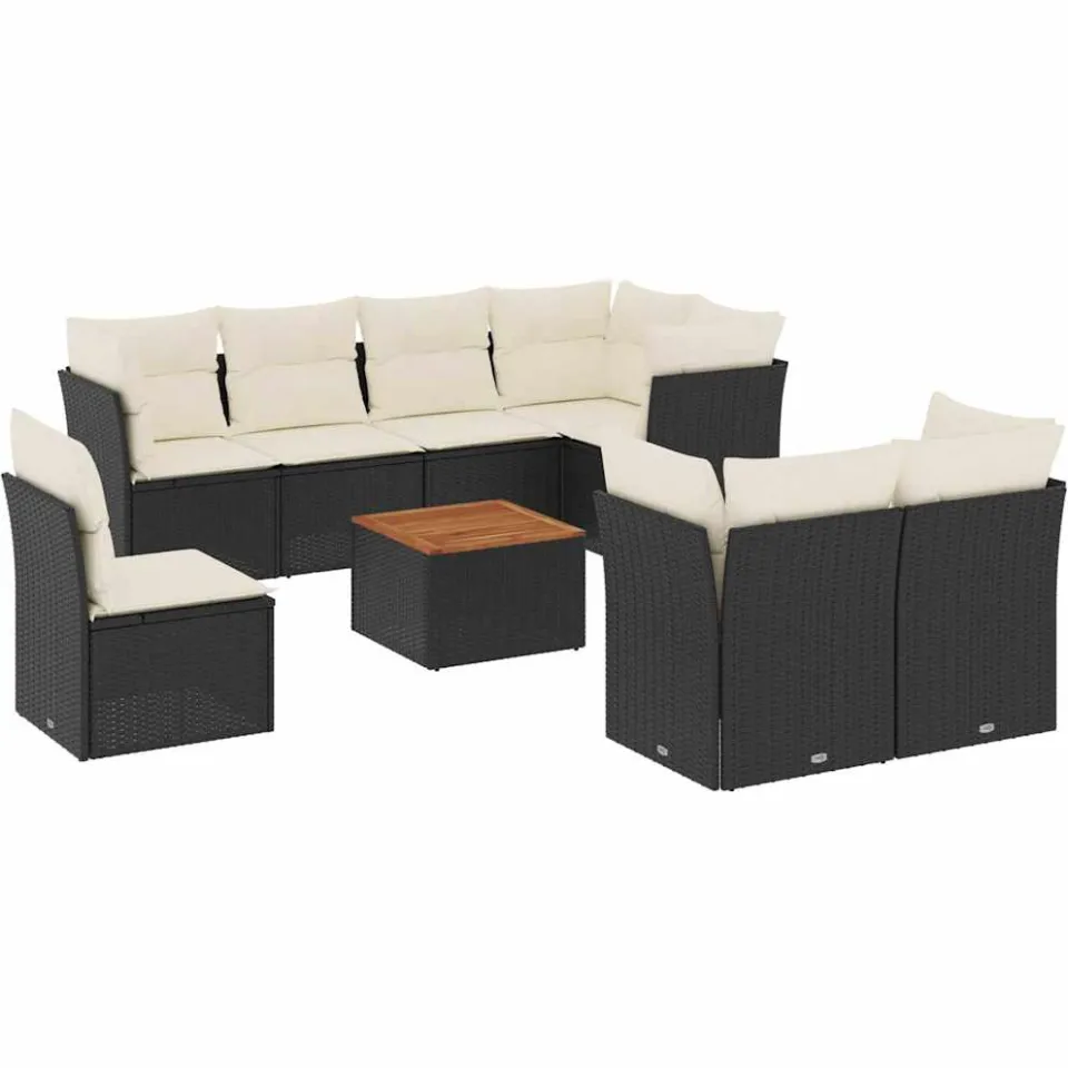 vidaXL 9-delige Loungeset met kussens poly rattan zwart, foto 3