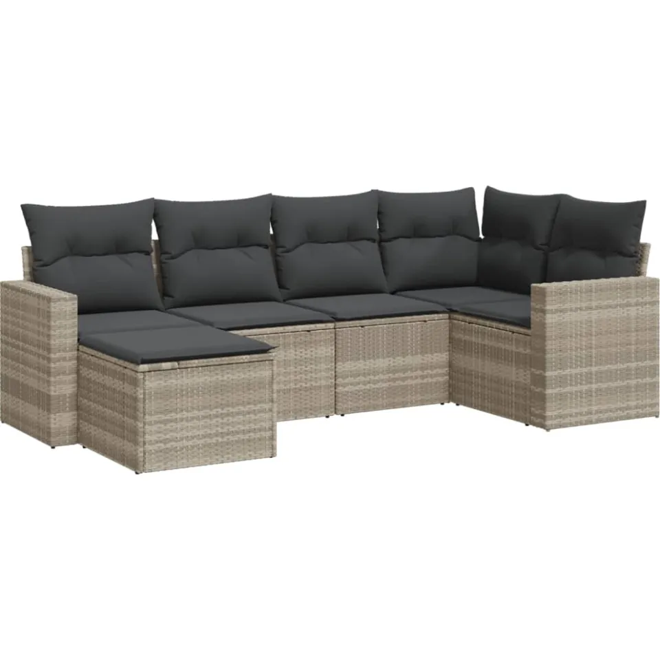 vidaXL 6-delige Loungeset met kussens poly rattan lichtgrijs grijs
