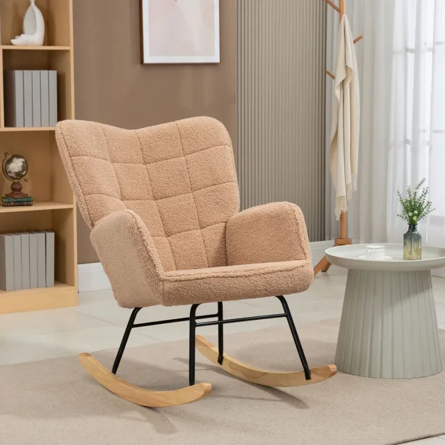 MEUNIQ Schommelstoel fauteuil 98 x 71 x 101 cm met hoge rugleuning en armleuningen, polyester bekleding, metalen frame en houten basis voor woonkamer of slaapkamer, bruin