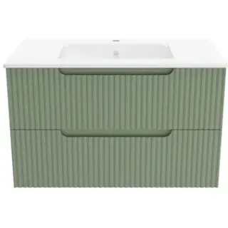 Aurlane Wastafelonderkast Emilien 50cm - Olijfgroen Mat - Met 2 Lades - Met Mat Witte Wastafel, foto 2