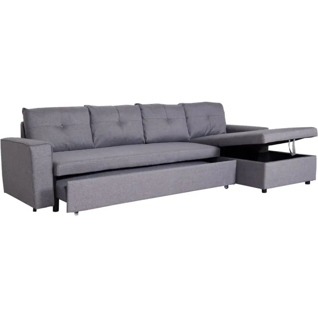 MCW Hoekbank met bed box MCW-L16, bank L-vorm, ligvlak links/rechts nosagvering stof/textiel 290cm ~ grijs