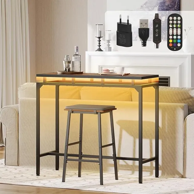 YATINEY Statafel met LED-Verlichting – Zwevend Effect – Smalle Bartafel / Consoletafel – Industriële Keukenbar met RGB-Licht & Muzieksynchronisatie – Vintage Bruin/Zwart
