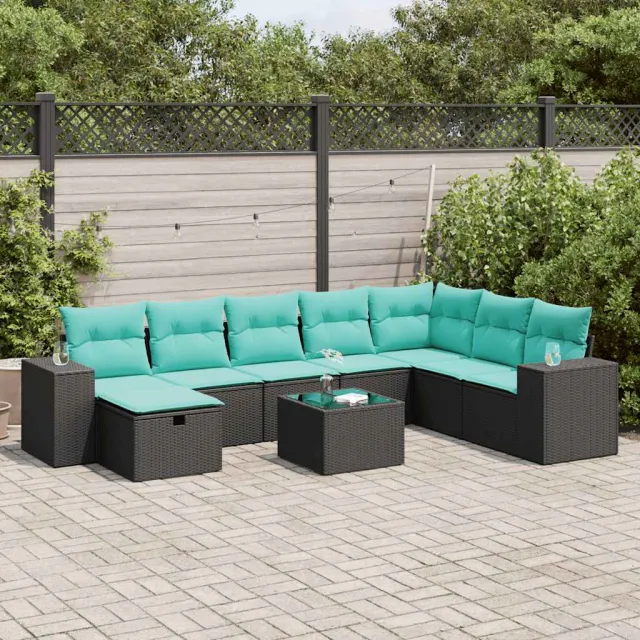 vidaXL 9-delige Loungeset met kussens poly rattan zwart, foto 2