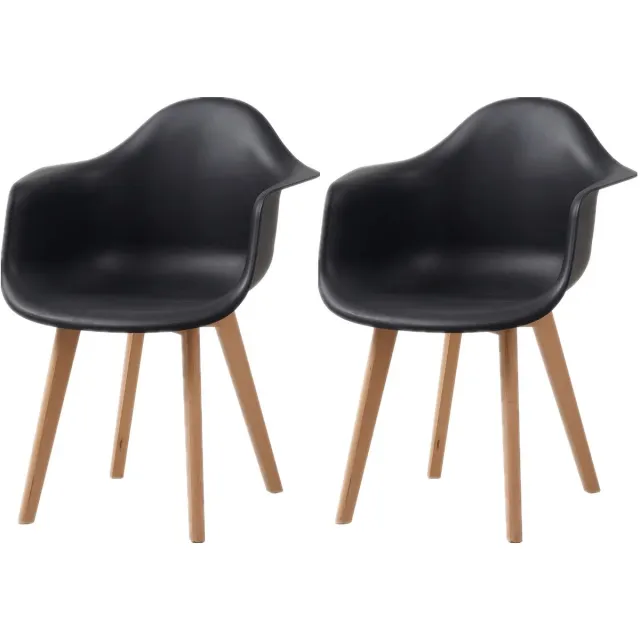 Whoopr® Set van 2 Scandinavische Eetkamerstoelen met Armleuningen – Retro Design Kuipstoelen met Beukenhouten Poten – Moderne Kunststof Stoelen voor Eetkamer & Woonkamer Zwart