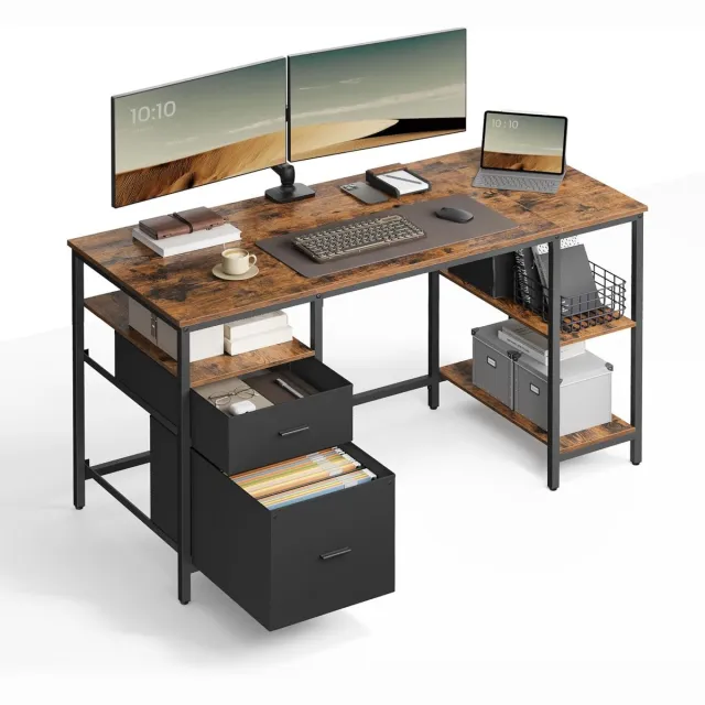 Homesy Computertafel – Met 3 Planken – Met 2 Lades – Vintage Bruin-Zwart – Stijlvol Bureau