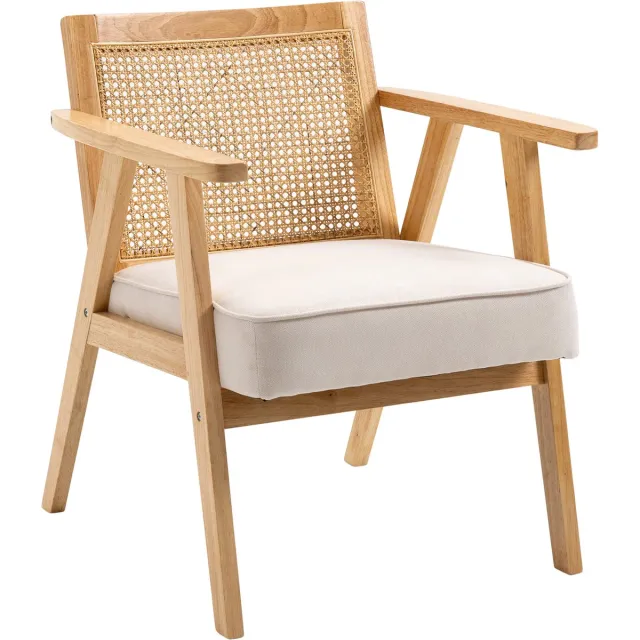 Homona Fauteuil met kussens van linnenlook - Kautschukhout - 63 x 69 x 78 cm - Crèmewit Cremeweiß