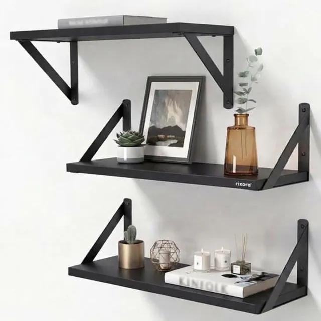 Rixora Zwevende Wandplank Set van 3 - 40cm - Houten Boekenplank - Voor Woonkamer, Keuken & Badkamer - Incl. Bevestigingsmateriaal Zwart