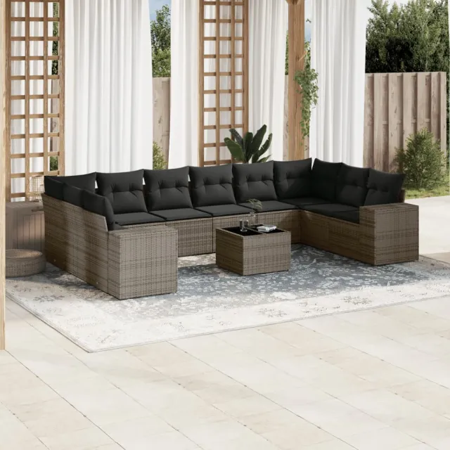 vidaXL 11-delige Loungeset met kussens poly rattan grijs, foto 2