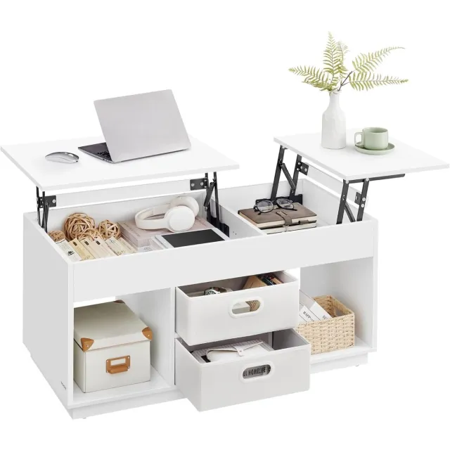 FurnStar Salontafel – In Hoogte Verstelbaar – 2 laden & verborgen vakken – Moderne koffietafel – 50 x 100 x 48/62,3 cm –Sneeuwwit