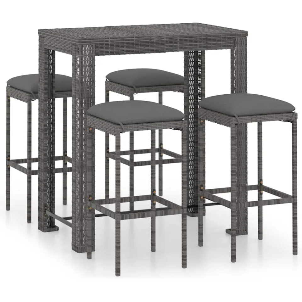 vidaXL 5-delige Tuinbarset met kussens poly rattan grijs, foto 3