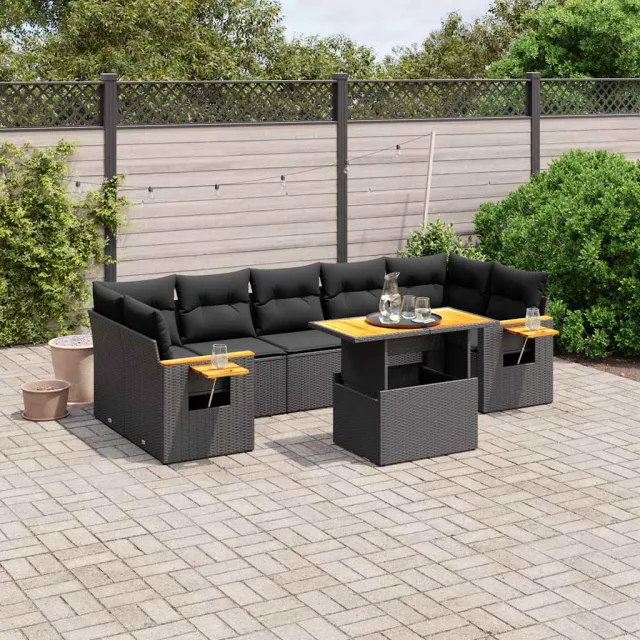 vidaXL 8-delige Loungeset met kussens poly rattan zwart, foto 2