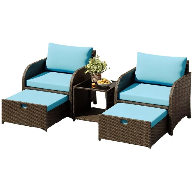 Happiq Buitenset Rattan Lounge - Sofa Set met Tempered Glass Salontafel - voor Thuis en Professioneel Gebruik Blauw kussen