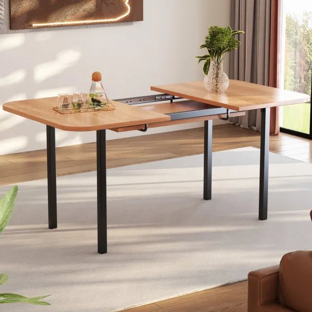 MEUNIQ uitschuifbare eettafel 120-160 x 80 x 75 cm, rechthoekig, eikenlook, MDF met metalen onderstel, voor eetkamer licht eiken