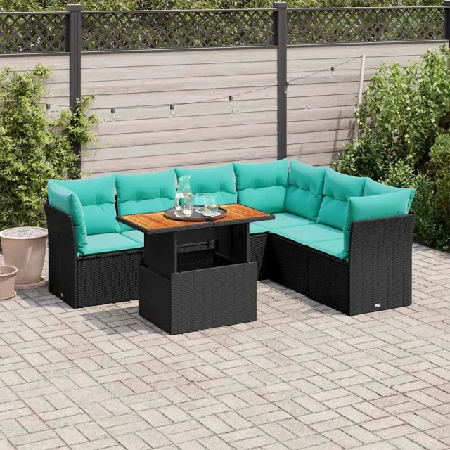 vidaXL 7-delige Loungeset met kussens poly rattan zwart, foto 2
