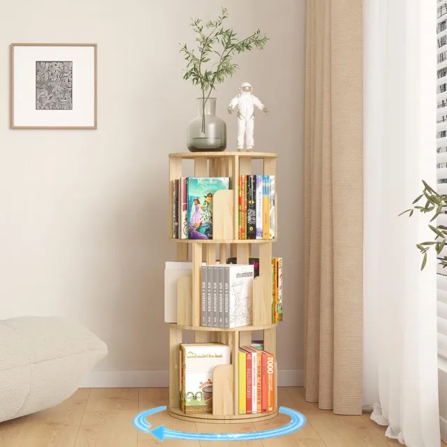 Ibenzoa Draaibare houten boekenkast met drie lagen voor kinderen en volwassenen Naturel