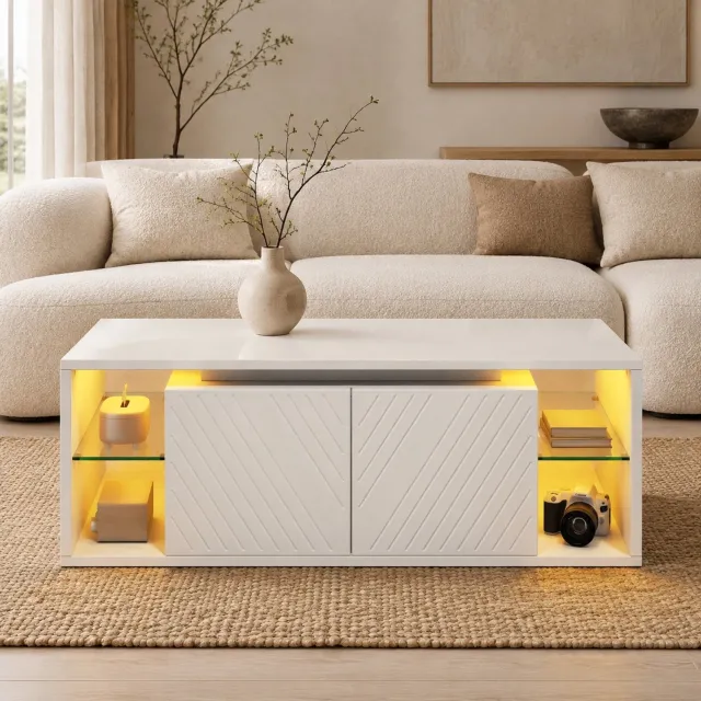 CHICFURN Salontafel 100 cm - LED-verlichting - 2 deuren en open vakken - woonkamer - spaanplaat - wit