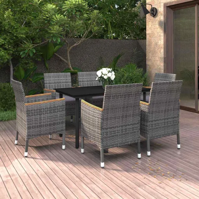 vidaXL 7-delige Tuinset met kussens poly rattan en glas grijs, foto 2