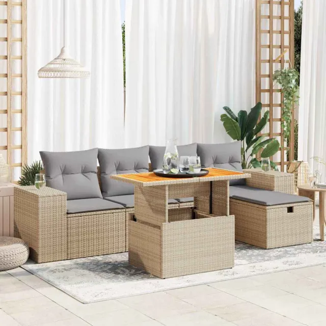 vidaXL 6-delige Loungeset met kussens poly rattan acacia beige, foto 2