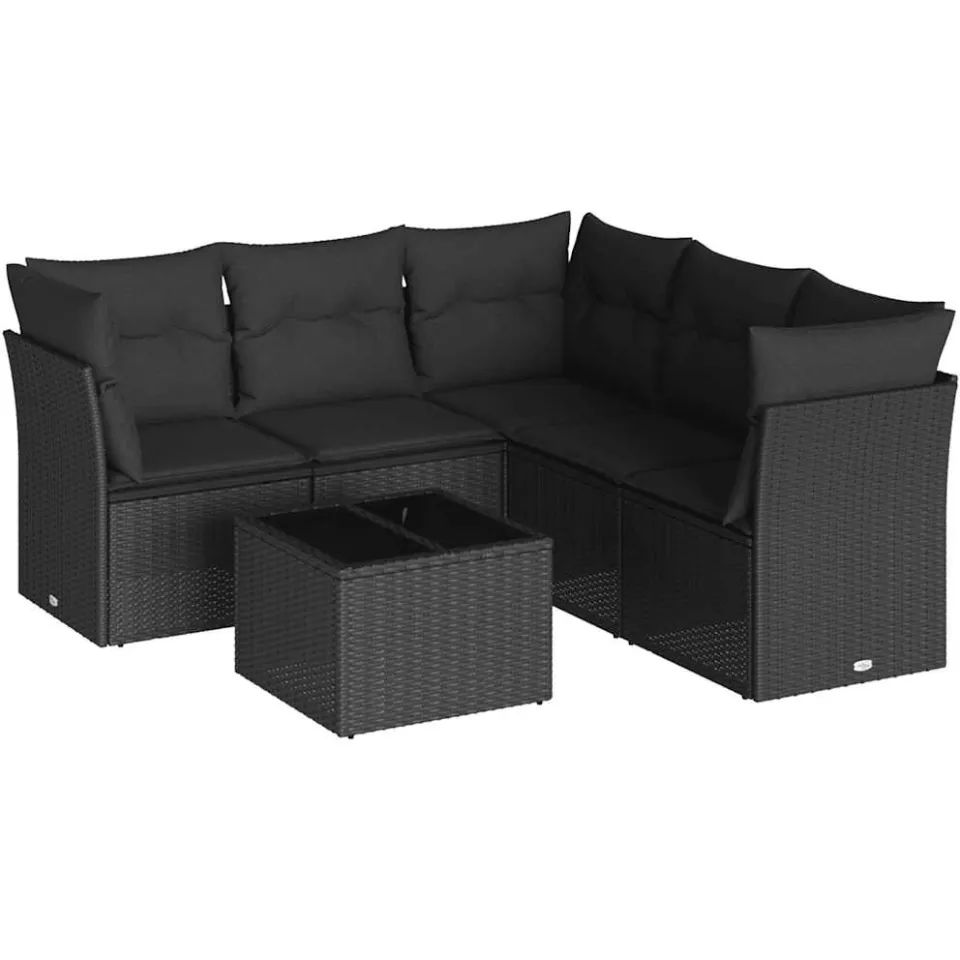 vidaXL 6-delige Loungeset met kussens poly rattan zwart