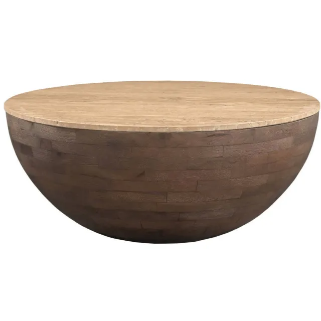 Giga Meubel Salontafel Aiden Rond - Travertin/Hout - Donkerbruin - 90x90x38cm