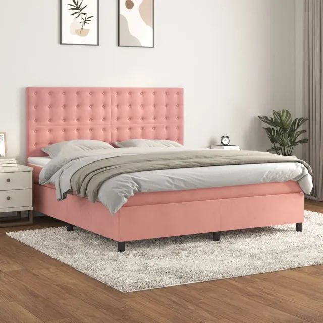 vidaXL Boxspring met matras fluweel roze 160x200 cm