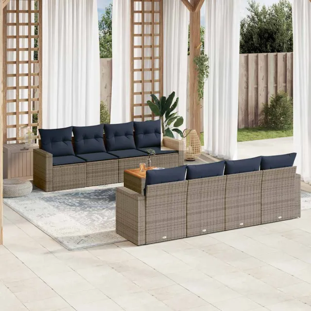 vidaXL 9-delige Loungeset met kussens poly rattan grijs, foto 2