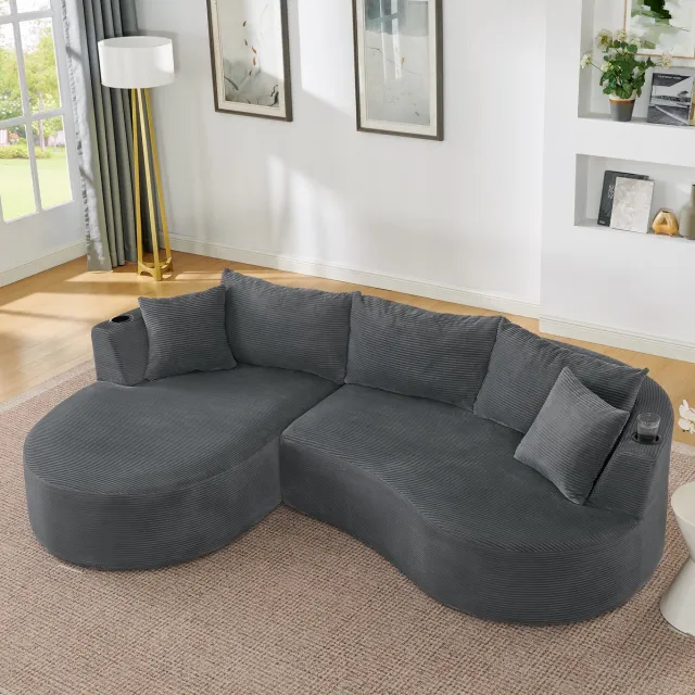 FloraGrace Hoekbank – 3-Zits Met Linker Chaise Longue – Met Bekerhouders En Kussens – Voor Woonkamer, Appartement Of Kantoor – Corduroy – Grijs Gray