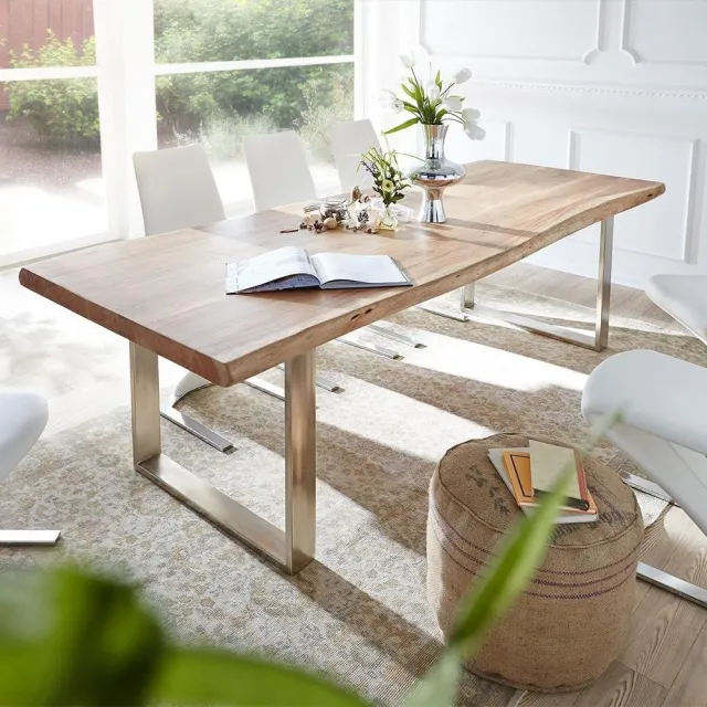DELIFE Eettafel Edge acacia natuur 300x100 XL edelstaal smal Live-Edge Bruin