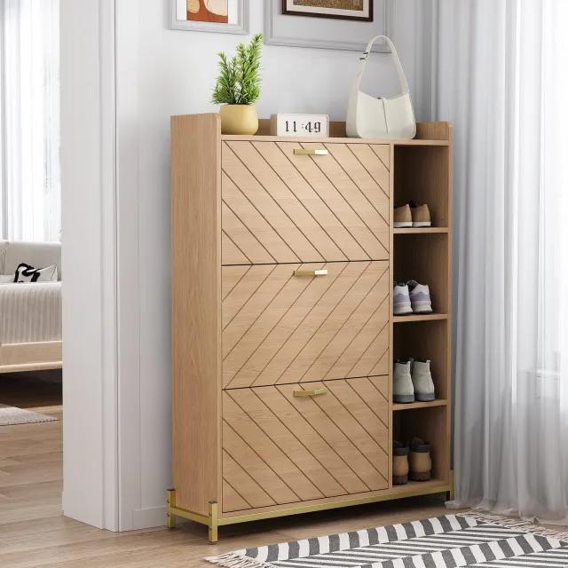 CHICFURN Schoenenkast - 3 kleppen - Soft-close - open zijvakken - naturel