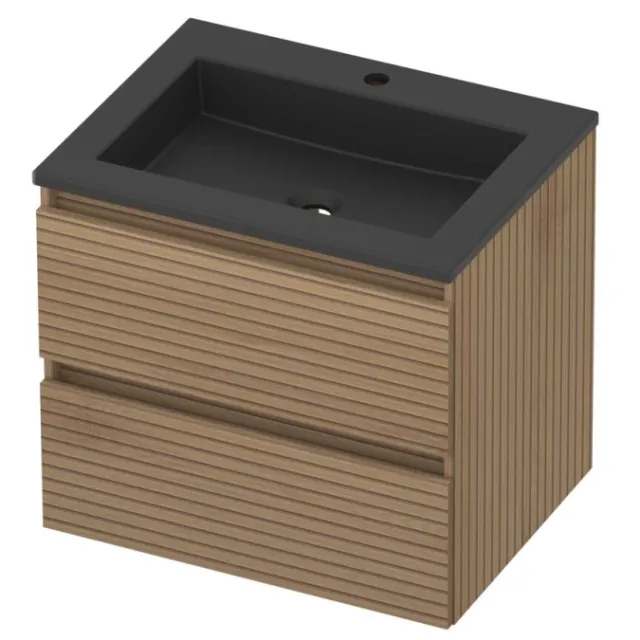Basic-Line Aura 46 Badmeubelset Acryl 1 Kraangat Greeploos 60x46x54 cm Lamello Oak Mat Zwart