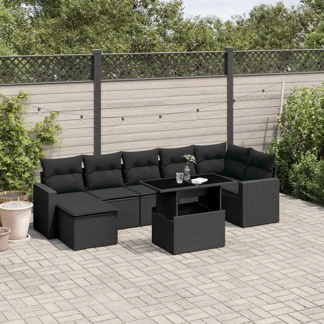 vidaXL 8-delige Loungeset met kussens poly rattan zwart, foto 2