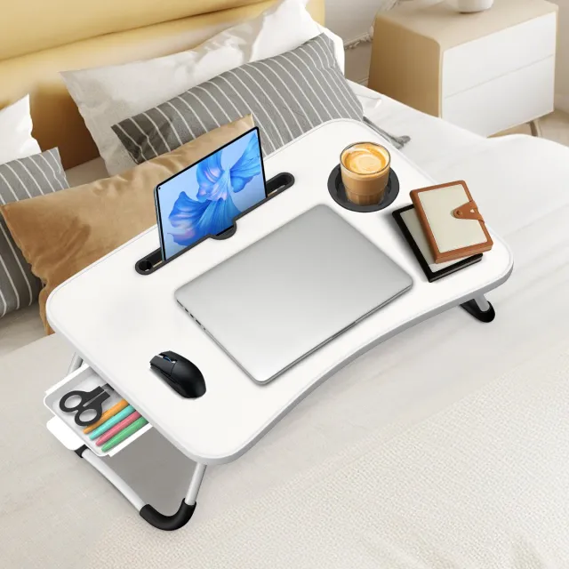 Soontrans Opvouwbare Laptoptafel Met Tablethouder en Bekerhouder, Tafel 60 x 40 cm Lichtgewicht Bedtafel Technisch Ontwerp Multifunctionele Tafel (Kaartsleuf + Bekerhouder + Lade, Wit)