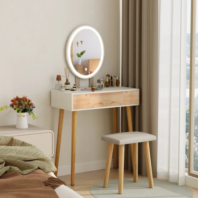 Puluomis Kaptafel met Ovale LED-spiegel - 2 lade - Krukje - Hout - 70x34x137cm Wit