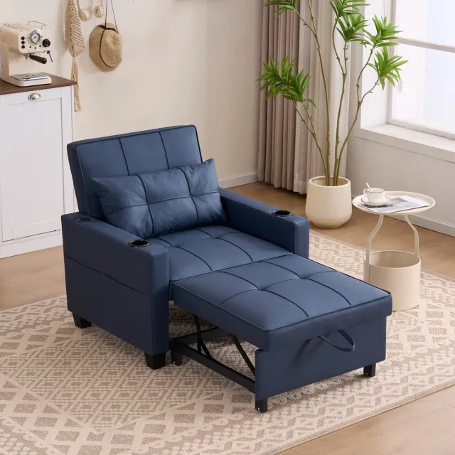 FloraGrace Fauteuil – 3-in-1 Verstelbare Slaapfauteuil – Met 3 Standen En Uitklapfunctie Voor Woonkamer, Logeerkamer En Kleine Ruimtes – Stof – Blauw
