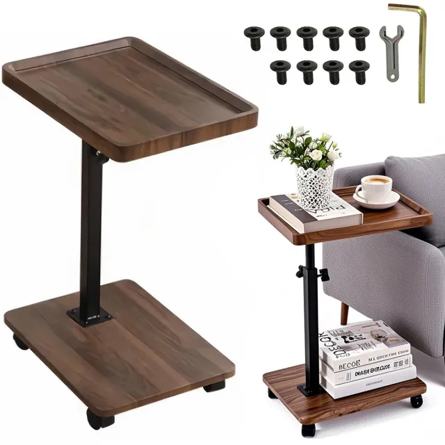 Ruijingsky C-vormige bijzettafel - banktafel met wielen - 360° draaibaar - verplaatsbaar nachtkastje - laptoptafel - salontafel - geschikt voor banken, bedden, woonkamers, slaapkamers en kantoren - ruimtebesparend - 40*30*45 cm - walnootkleur Notenhout