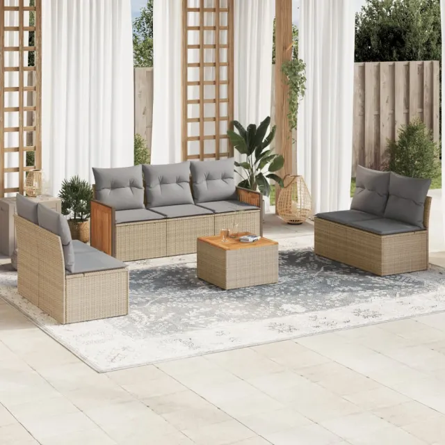vidaXL 8-delige Loungeset met kussens poly rattan beige, foto 2
