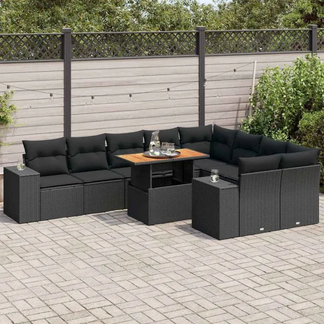 vidaXL 10-delige Loungeset met kussens poly rattan acacia zwart, foto 2