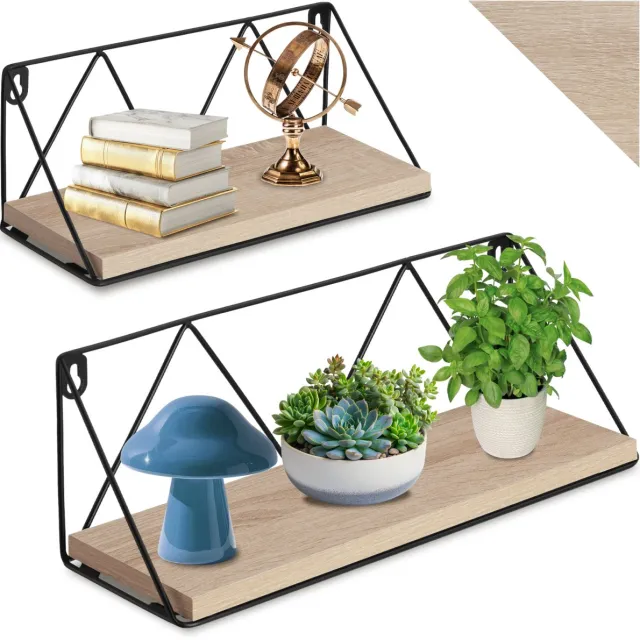 Tectake Wandplanken - Hangplank van hout met draadframe - Boekenplank - Zwevende planken voor woonkamer, slaapkamer, kantoor - Industrieel design - Zwart metalen frame - Afmeting (LxBxH) 33,5x13x13 en 41x13x14,5 cm - Set van 2 planken - Lichtbruin