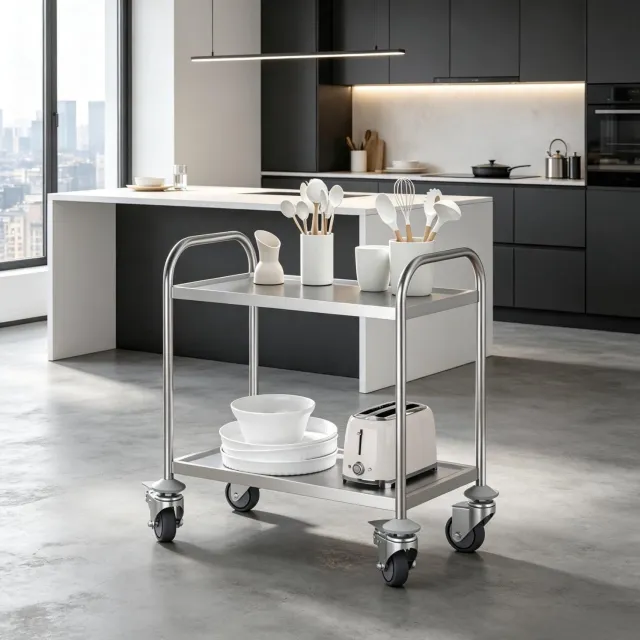 HAUSS SPOLE Keukenwagen Verrijdbaar – 80 x 45 x 82 cm – Verchroomd Roestvrij Staal – Grijs – Twee Legplanken – Vier Zwenkwielen met Twee Remmen