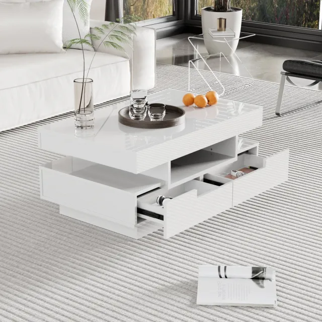 COVREO Salontafel 80 x 50 x 36 cm - hoogglans wit, LED-lichtstrip, 4 lades