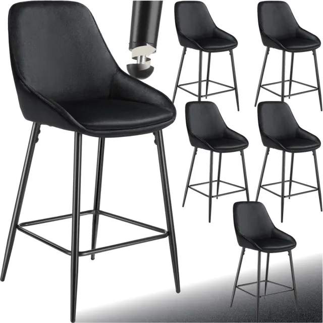 Tectake Set van 6 Barkrukken Siera - Gestoffeerde Barkruk met rugleuning - Barstoelen - Barstoel met voetensteun - Eetkamerstoel met fluweellook bekleding en zachte schuimvulling - Stevige stalen poten met antislip vloerbescherming - Zwart
