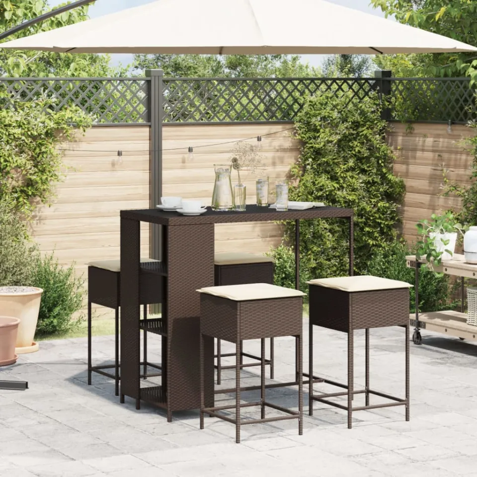 vidaXL 5-delige Tuinbarset met kussens poly rattan bruin, foto 2