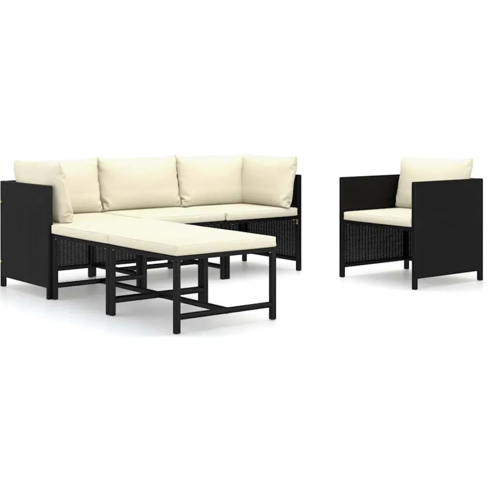 vidaXL 6-delige Loungeset met kussens poly rattan zwart