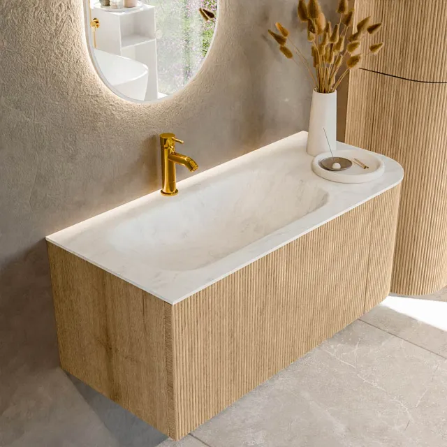 Mondiaz KURVE-DLUX 105 cm Onderkast Greeploos 1 Lade Met Deuren Oak, Wastafel Solid Surface Links Opalo 1 Kraangat Zonder Spiegel (KRVBGS105R1L1D1KL-Oak/Opa)