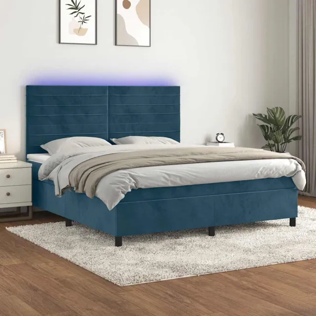 vidaXL Boxspring met matras en LED fluweel donkerblauw 160x200 cm blauw